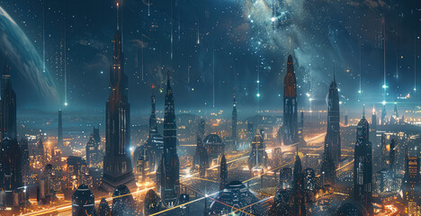 Fototapeta premium A futuristic cityscape with sleek skyscrapers and bustling traffic under a starry night sky. Generative AI.