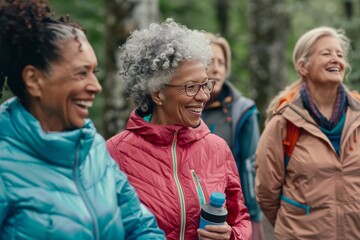 Multiracial senior women hiking in a forest