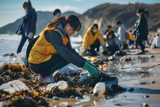 Volunteers group collecting trash from beach Generative Ai