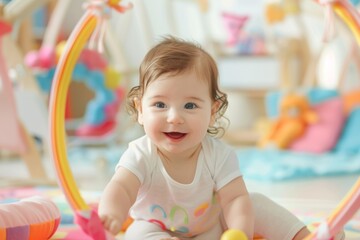 Adorable baby playing with a soft hoop in a colorful play area, fun and engaging scene, Baby Exercise, concept of activity and play