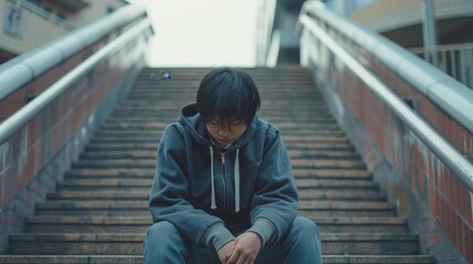Teenage Boy Sitting Alone on Outdoor Staircase in Urban Setting, Pensive and Thoughtful Mood, Concept of Loneliness and Contemplation