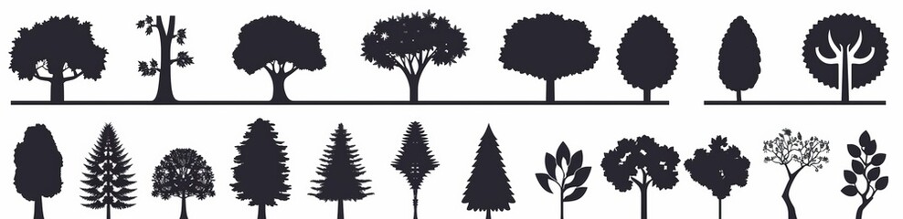 Set of tree ornaments, modern black silhouette plant heart ornament, shape print, monochrome clipart illustration, laser cutting engraving nocolor