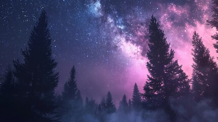 Fototapeta premium In a cosmic violet and pink starry sky, silhouette forest trees create a breathtaking landscape against the celestial backdrop