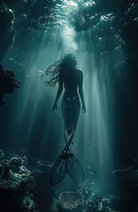 Dark underwater scene with a mermaid swimming upward the god rays. Generative AI.