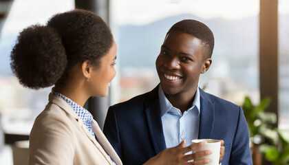 Close up of smiling African American employee look at female colleague chatting in office, happy black male worker talk with woman coworker, having casual conversation at workplace, have fun