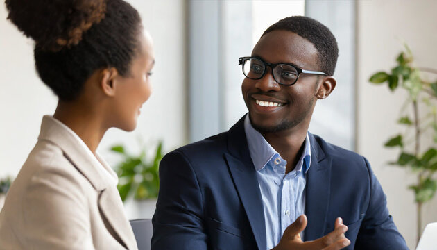 Close up of smiling African American employee look at female colleague chatting in office, happy black male worker talk with woman coworker, having casual conversation at workplace, have fun