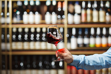Person Holding Glass of Red Wine in Wine Store With Blurred Shelf Background