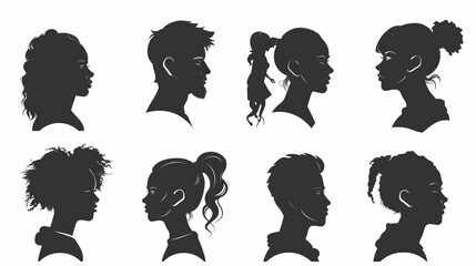 Black silhouette set of people face profile side views. Different age and generation of people.
