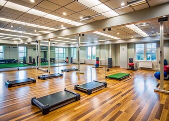 Empty gym studio with mirrors and exercise equipment, ready for a fitness class, with a few mats and weights scattered around a polished wood floor.