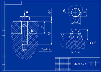 Vector engineering cad drawing of mechanical part (steel bolt)
with thread. Computer design of machine parts
with through hole, bolted connection 
and dimension lines. Technical background.