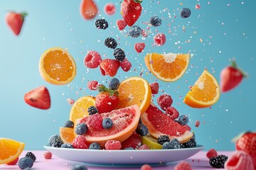 Fruit platter with various fruits flying in a colorful display