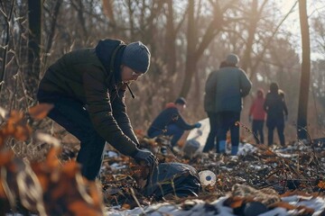 Obraz premium Volunteers group collecting trash in the forest Generative Ai