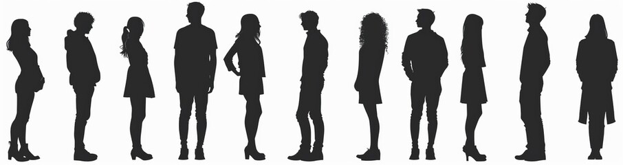 On a white background, a silhouette of a crowd of people stands