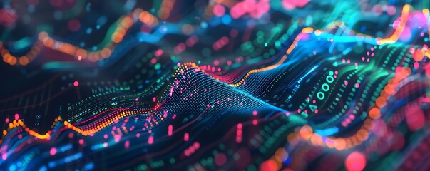 An abstract stock market graph, with vibrant colors and futuristic overlays, showcasing digital trends and algorithmic trading impacts on market dynamics.