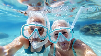 Fototapeta premium Senior couple in snorkel masks, taking a joyful selfie during a tropical sea excursion, crystal-clear water and vibrant marine life in the background