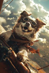 Obraz premium A happy dog dressed as a pilot in goggles and scarf flying a vintage airplane high in the sky amongst the clouds