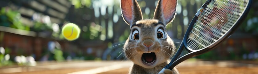 Animated rabbit holding a tennis racket, outdoor tennis court, bright and sunny, action shot