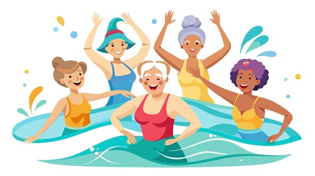 Embrace waterside wellness! This captivating scene features active senior women enjoying an aqua fit class in a pool. Their faces radiate joy, showcasing the social and health benefits of an active re
