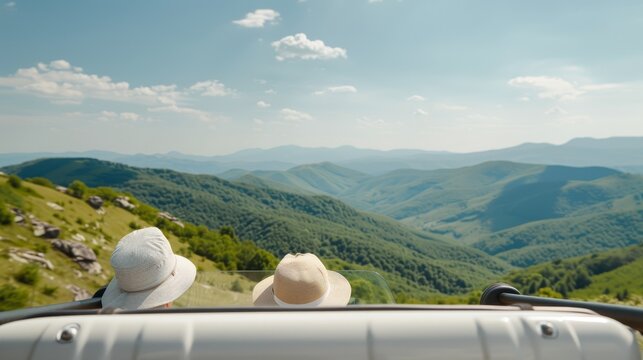 Senior couple on a retirement road trip, their car parked by a scenic overlook, enjoying the freedom and excitement of their touring adventure