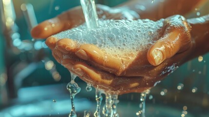 Close up demonstration of washing hands with soap under running water for optimal hygiene practices
