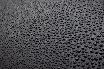 View of clear water drops after raining day on dark cover background. Water droplets concept
