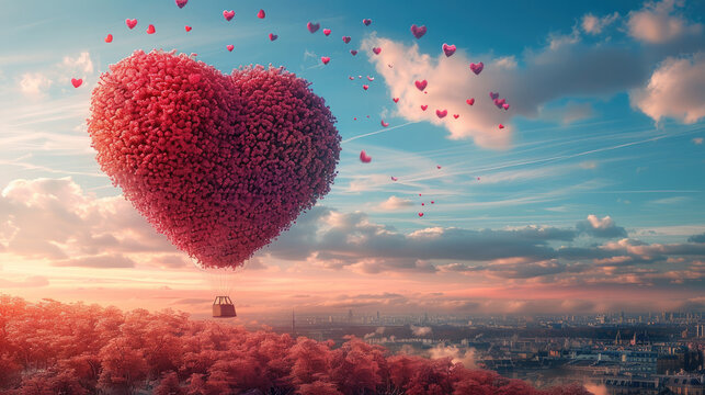 Hot air balloon made of pink and red rose flower, with heart in the sky, romantic cityscapes, red and pink. Generative AI.