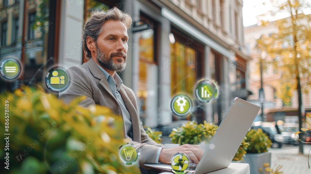 Aufkleber businessman using laptop outside office with environment icon. generative ai.