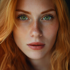 Portrait photo of a young woman with red hair and green eyes
