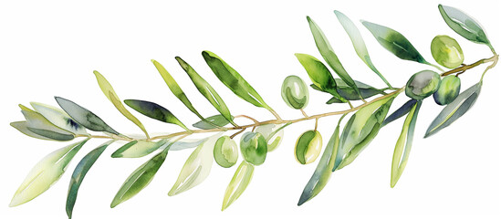 Watercolor Olive Branch with Green Olives Isolated On A White Background
