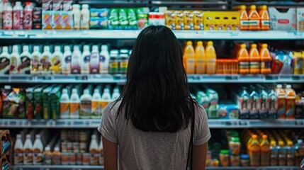 Fototapeta premium An Asian woman is shopping in a wellstocked grocery store carefully making decisions on products and brands