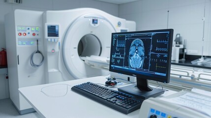 Computer with enhanced MRI or CT scan as medical diagnostic device in hospital laboratory, indoors in a room