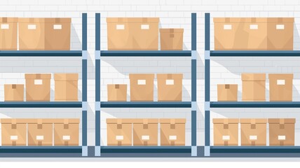 Cardboard box warehouse, organized storage shelves, flat design illustration