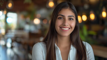 Obraz premium Young Hispanic Woman Smiling in Cozy Cafe, Perfect for Coffee Shop Promotion or Lifestyle Blogs