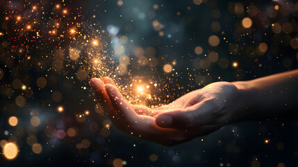 A luminous cosmic hand emits light and energy, representing the validation and encouragement of our abilities and potential as we aim for the stars.