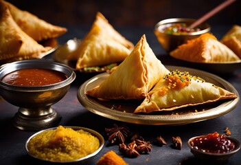 golden flaky samosas tangy tamarind indian street food delicacy, fried, crispy, pastry, savory, spicy, aromatic, crunchy, traditional, triangular