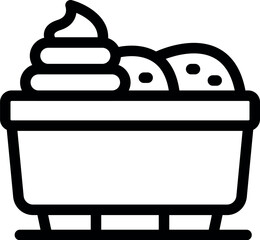 Line art icon of a bowl filled with scoops of ice cream, whipped cream topping, and chocolate chips