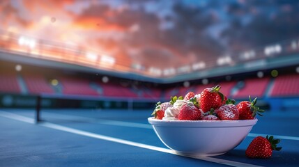 a bowl of strawberries and cream on a tennis court with a tennis stadium blurred in the background