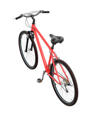 Red bicycle, side top view. Black leather saddle and handles. Png clipart isolated on transparent background