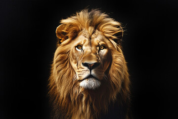 Majestic lion staring intensely against black background