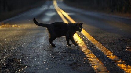 Black cat crossing road