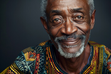 Close-up portrait of a senior man of African descent, studio photo, against a sleek gray studio backdrop