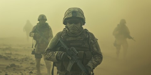 Fototapeta premium Group of soldiers marching through dry and dusty terrain