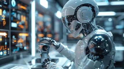 In action, a futuristic AI-driven medical diagnosis system, robot. Generative AI.