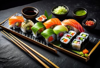 shiny sushi rolls bamboo fresh japanese cuisine presentation, food, chopsticks, ingredients, glistening, delicious, oriental, meal, plated, restaurant