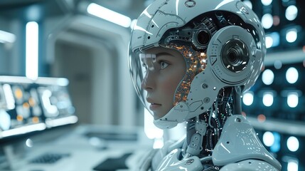 In action, a futuristic AI-driven medical diagnosis system, robot. Generative AI.