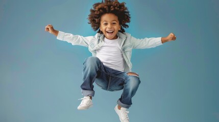 Breakdancing joyful african american cute little child boy levitating in jump Funny small excited dancing kid having fun hop Positive emotions and triumph concept