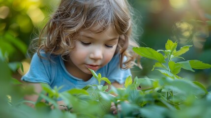 Curious Child Peering at Nature s Wonders in a Garden