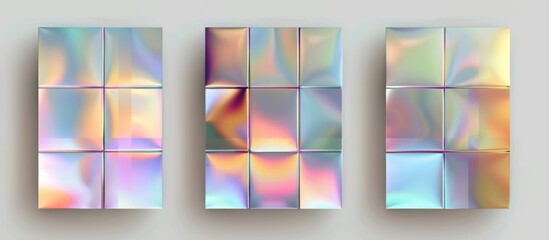Three square panels with a colorful holographic design