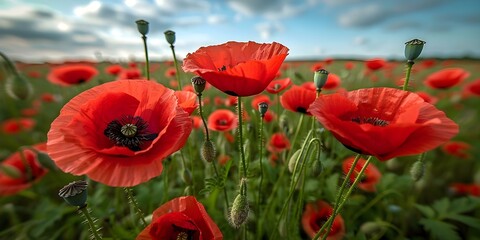 Naklejka premium Armistice Day tribute red poppies in field under morning sky. Concept Remembrance, Armistice Day, Tribute, Red Poppies, Morning Sky