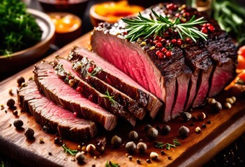 juicy carved roast beef displayed wooden board, meat, cooked, savory, protein, slice, presentation, gourmet, appetizing, succulent, platter, fresh